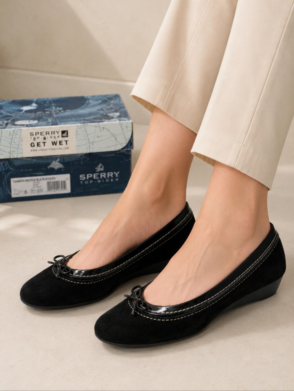 Sperry Camden Top-Sider Black Suede Wedge Ballet Flats Size 8.5